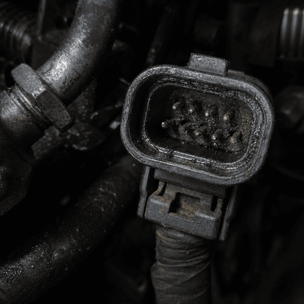 Close-up of a corroded connector unplugged in an engine bay